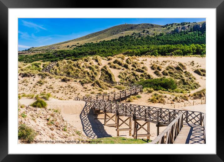 Wooden footbridge over sand dunes on Majorca Framed Mounted Print by Alex Winter