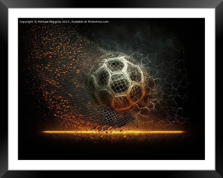 A football made of fire flies towards a football goal created wi Framed Mounted Print by Michael Piepgras