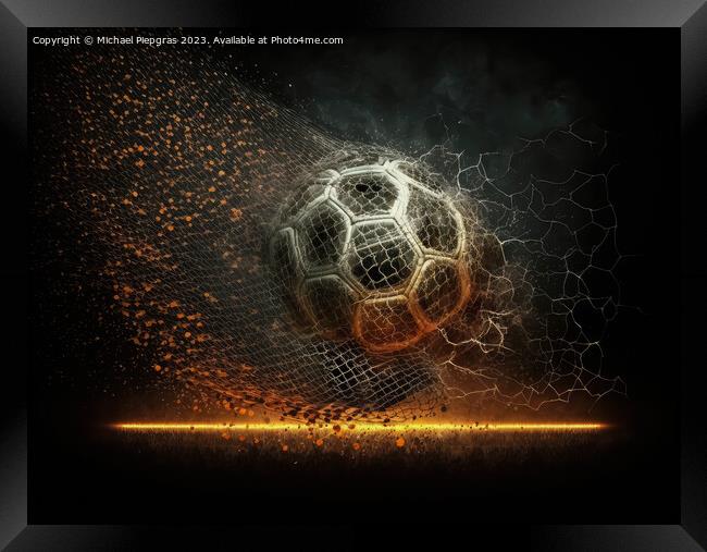 A football made of fire flies towards a football goal created wi Framed Print by Michael Piepgras