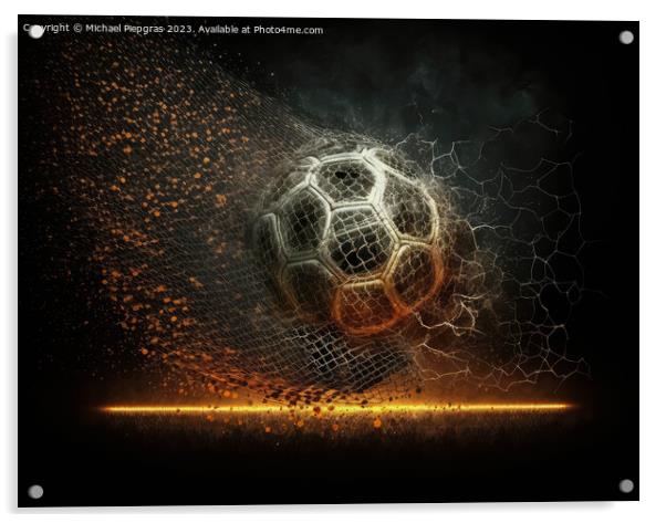 A football made of fire flies towards a football goal created wi Acrylic by Michael Piepgras