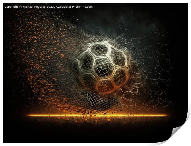 A football made of fire flies towards a football goal created wi Print by Michael Piepgras