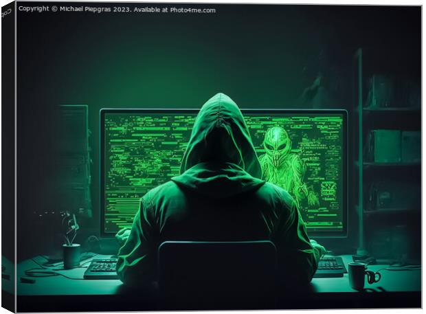 A hacker looking at a computer with green symbols created with G Canvas Print by Michael Piepgras