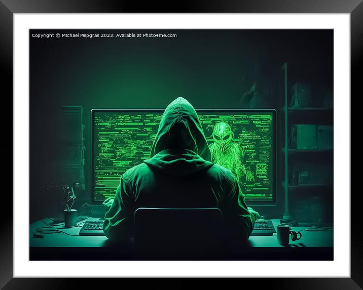 A hacker looking at a computer with green symbols created with G Framed Mounted Print by Michael Piepgras