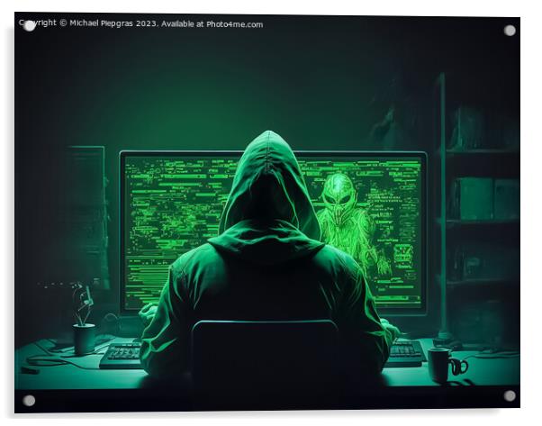 A hacker looking at a computer with green symbols created with G Acrylic by Michael Piepgras