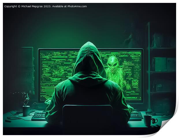 A hacker looking at a computer with green symbols created with G Print by Michael Piepgras