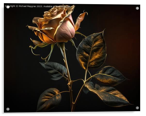 A long-stemmed rose with golden petals against a dark background Acrylic by Michael Piepgras