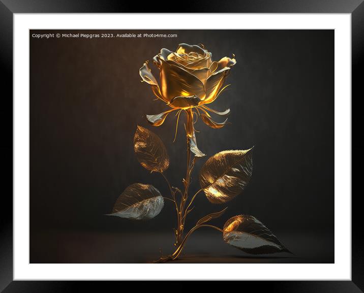 A long-stemmed rose with golden petals against a dark background Framed Mounted Print by Michael Piepgras