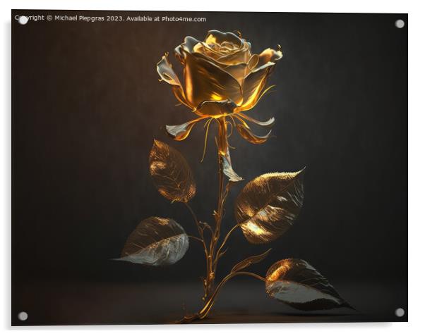 A long-stemmed rose with golden petals against a dark background Acrylic by Michael Piepgras