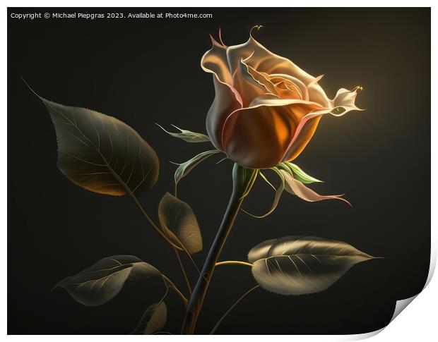 A long-stemmed rose with golden petals against a dark background Print by Michael Piepgras