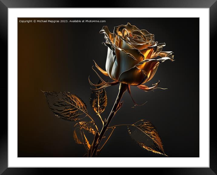 A long-stemmed rose with golden petals against a dark background Framed Mounted Print by Michael Piepgras