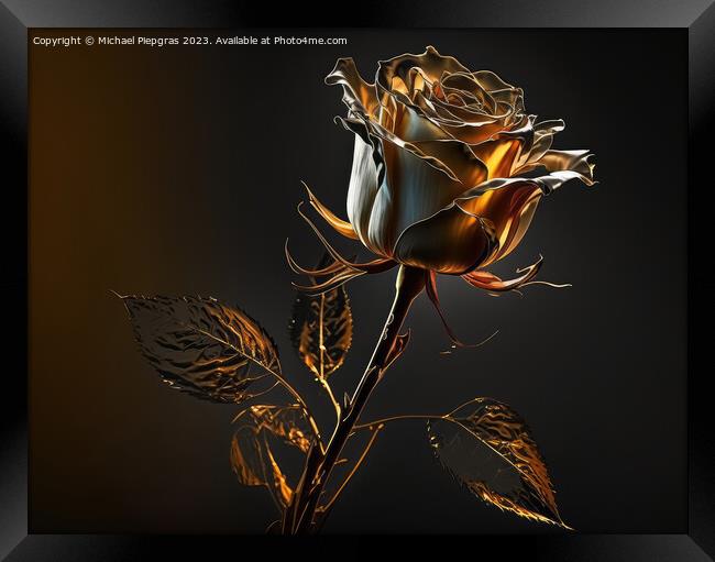 A long-stemmed rose with golden petals against a dark background Framed Print by Michael Piepgras