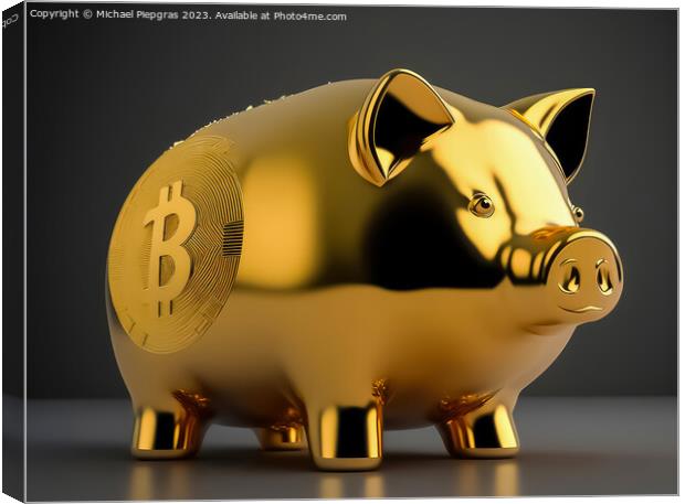 A piggy bank made of gold with some cryptocurrency logo created  Canvas Print by Michael Piepgras