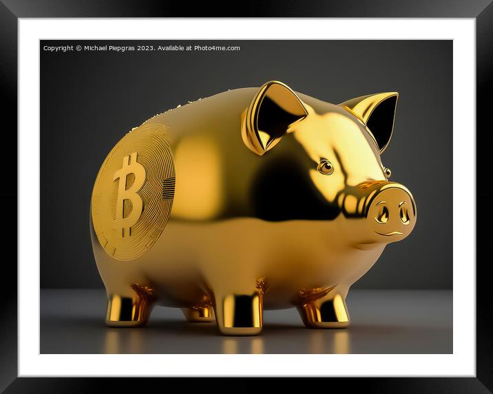 A piggy bank made of gold with some cryptocurrency logo created  Framed Mounted Print by Michael Piepgras