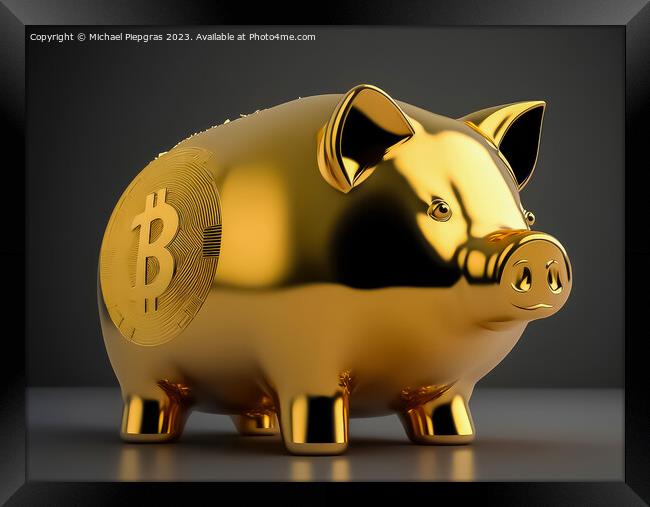 A piggy bank made of gold with some cryptocurrency logo created  Framed Print by Michael Piepgras