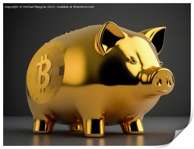 A piggy bank made of gold with some cryptocurrency logo created  Print by Michael Piepgras
