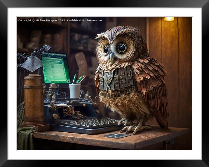 A steampunk owl works very diligently with a computer at a desk  Framed Mounted Print by Michael Piepgras