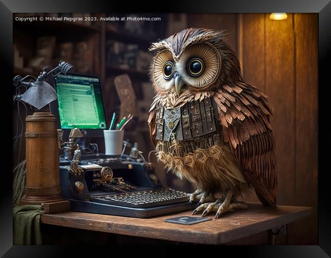 A steampunk owl works very diligently with a computer at a desk  Framed Print by Michael Piepgras