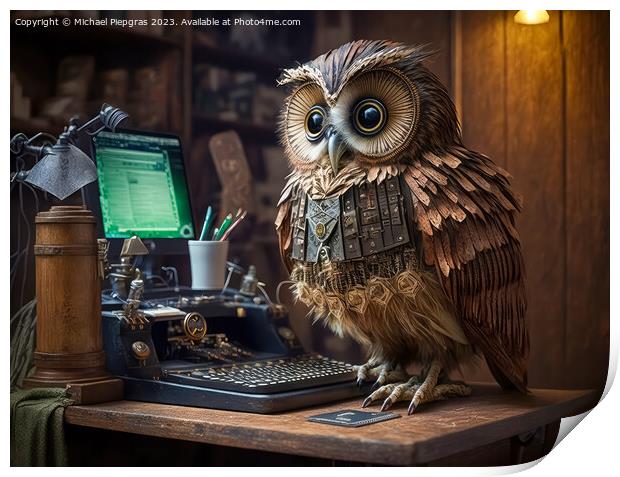 A steampunk owl works very diligently with a computer at a desk  Print by Michael Piepgras