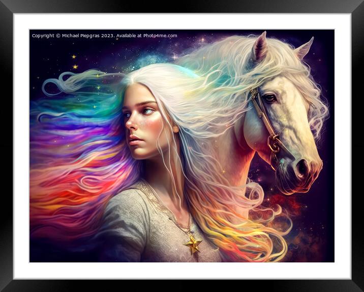 A young beautiful woman with long white hair next to a white hor Framed Mounted Print by Michael Piepgras