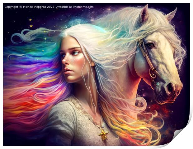 A young beautiful woman with long white hair next to a white hor Print by Michael Piepgras