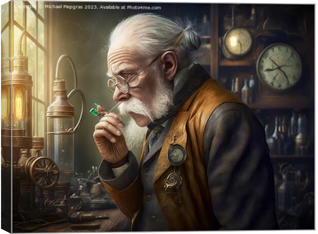 An elderly scientist in a steampunk look in an old lab created w Canvas Print by Michael Piepgras