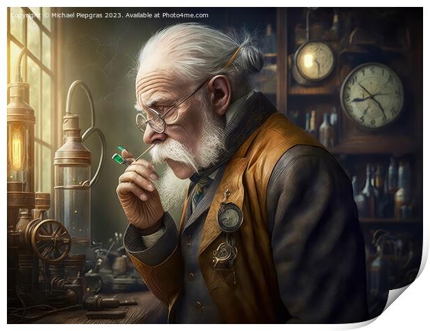An elderly scientist in a steampunk look in an old lab created w Print by Michael Piepgras