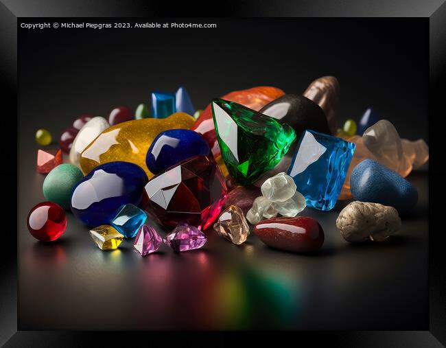Many different coloured gemstones on a dark table created with g Framed Print by Michael Piepgras