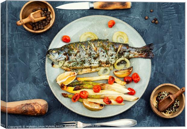 Grilled salmon with asparagus on plate Canvas Print by Mykola Lunov Mykola