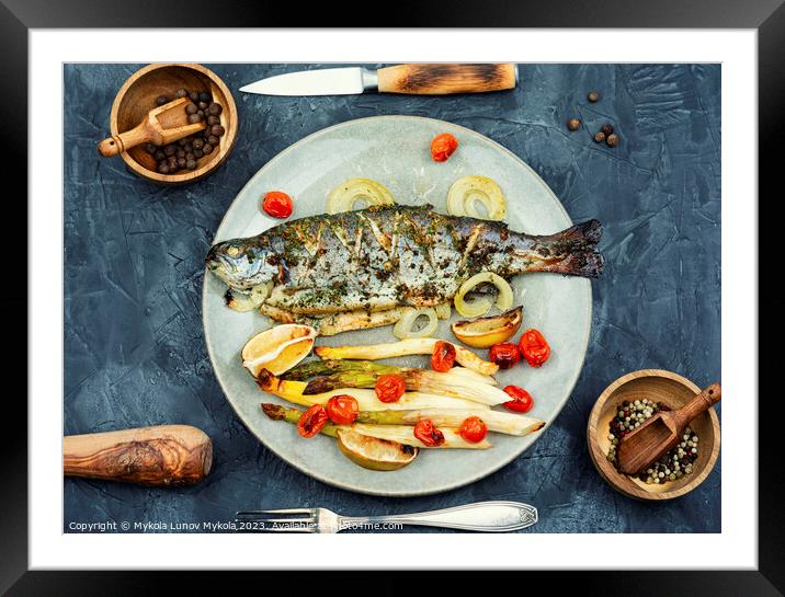 Grilled salmon with asparagus on plate Framed Mounted Print by Mykola Lunov Mykola