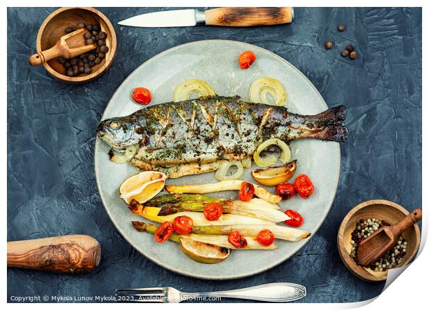 Grilled salmon with asparagus on plate Print by Mykola Lunov Mykola