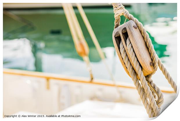 Rustic Charm of a Wooden Sailboat Pulley Print by Alex Winter