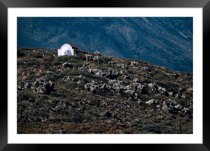 Chapel on mountainside in Crete Greece Framed Mounted Print by Chris Mann