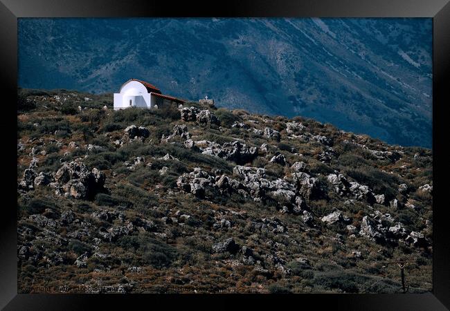 Chapel on mountainside in Crete Greece Framed Print by Chris Mann