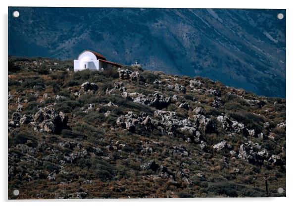 Chapel on mountainside in Crete Greece Acrylic by Chris Mann