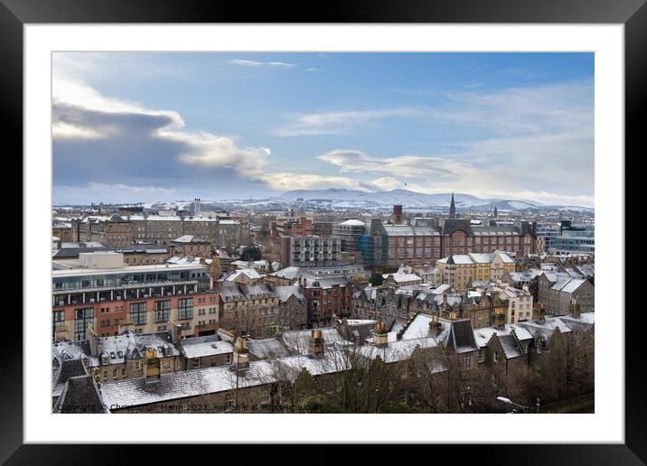 panoramic view of Edinburgh in winter with snow looking south towards Blackford Hill & Pentland Hills Framed Mounted Print by Chris Mann