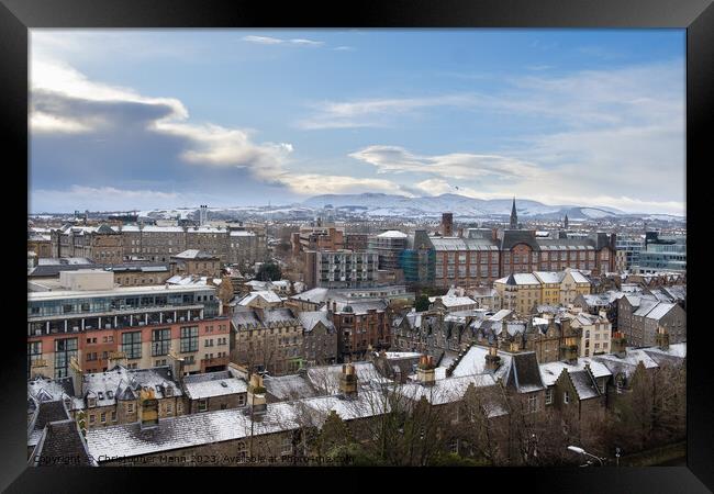 panoramic view of Edinburgh in winter with snow looking south towards Blackford Hill & Pentland Hills Framed Print by Chris Mann