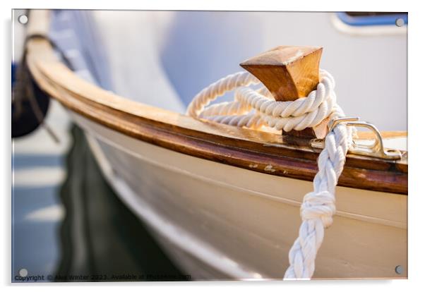 White mooring rope is knotted on boat cleat Acrylic by Alex Winter