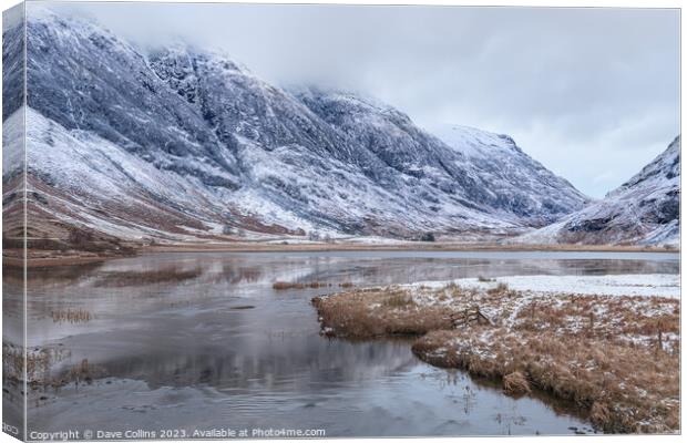 Loch Achtriochtan and the river Coe and winter snow in Glen Coe, Highlands, Scotland Canvas Print by Dave Collins