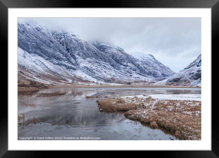 Loch Achtriochtan and the river Coe and winter snow in Glen Coe, Highlands, Scotland Framed Mounted Print by Dave Collins