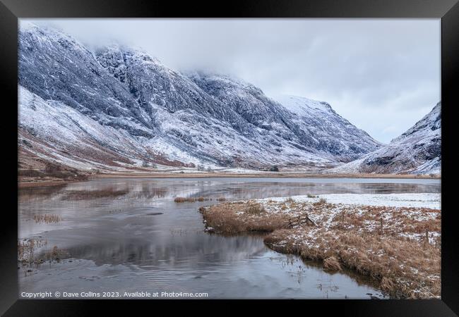 Loch Achtriochtan and the river Coe and winter snow in Glen Coe, Highlands, Scotland Framed Print by Dave Collins