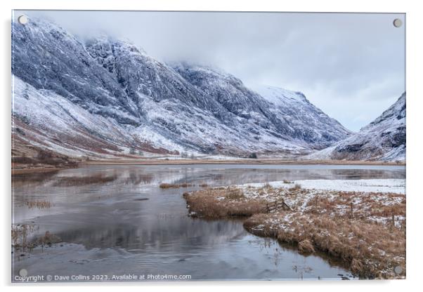 Loch Achtriochtan and the river Coe and winter snow in Glen Coe, Highlands, Scotland Acrylic by Dave Collins