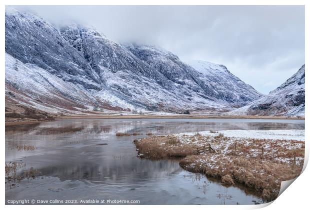 Loch Achtriochtan and the river Coe and winter snow in Glen Coe, Highlands, Scotland Print by Dave Collins