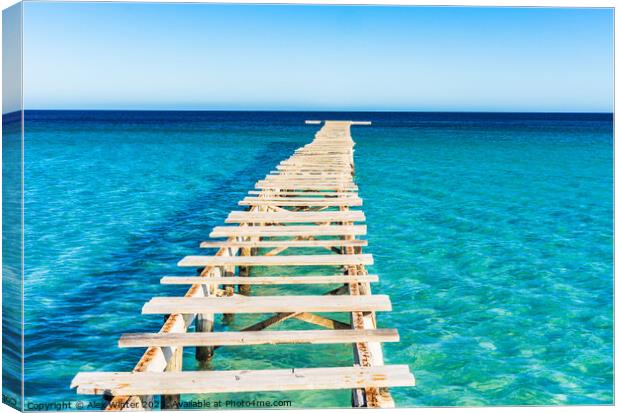 View of damaged wooden jetty with blue sea water Canvas Print by Alex Winter