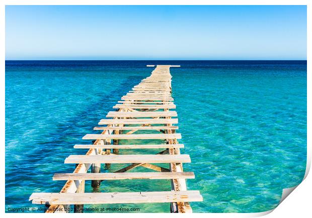 View of damaged wooden jetty with blue sea water Print by Alex Winter