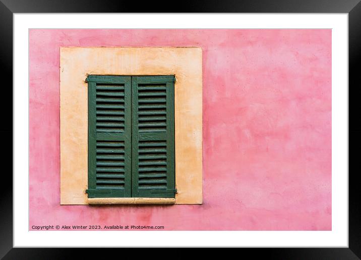 Old window shutters textured plaster wall. Framed Mounted Print by Alex Winter