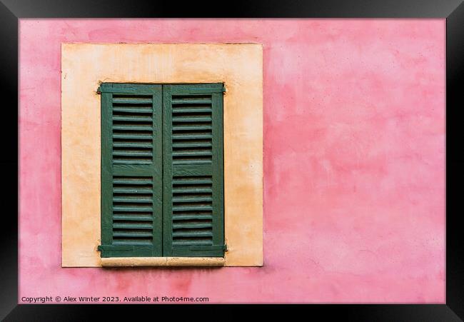 Old window shutters textured plaster wall. Framed Print by Alex Winter