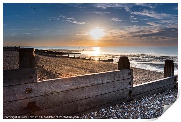 Setting Sun Reflections, Whitstable Beach Print by Kate Lake
