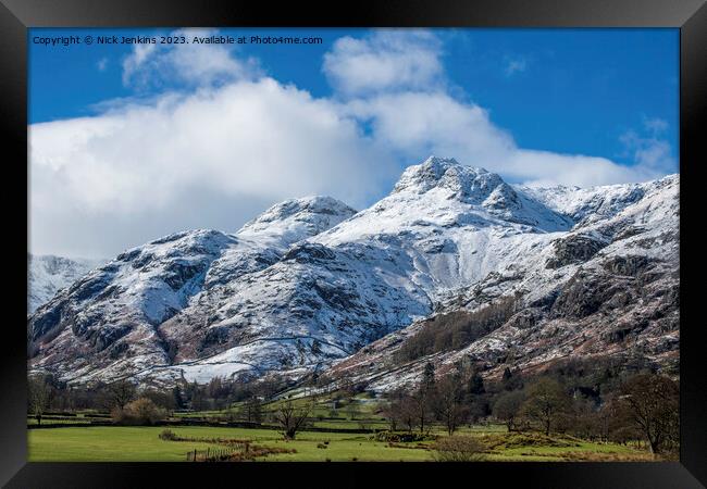 Harrison Stickle under March Snow Lake District  Framed Print by Nick Jenkins
