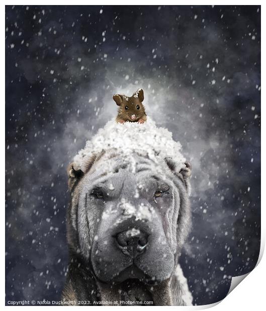 A Shar Pei dog in the snow Print by Nicola Duckworth