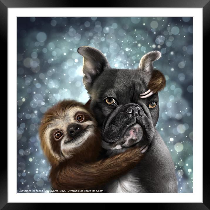 A Frenchie and a Sloth hug Framed Mounted Print by Nicola Duckworth